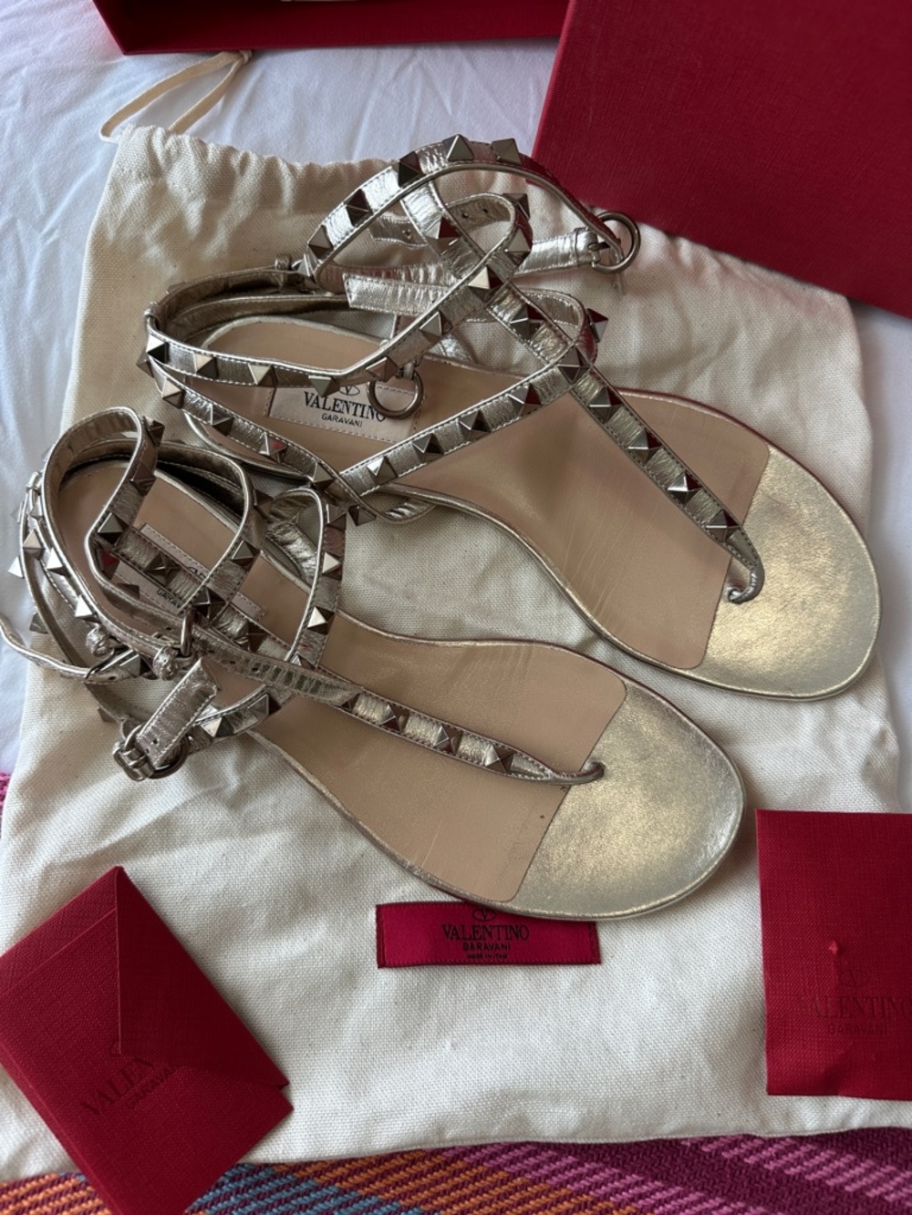 Valentino Silver Rockstud Leather T-Strap Gladiator Sandals